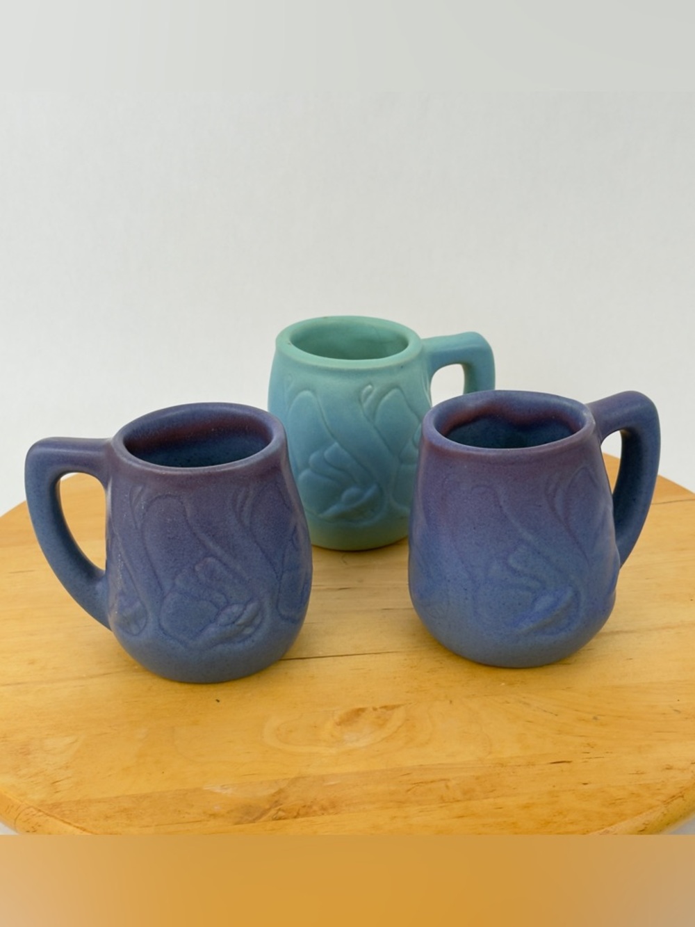 1980’s Set of 3 Van Briggle Iris Pottery Mugs Turquoise & Lavender Pansy Cups
